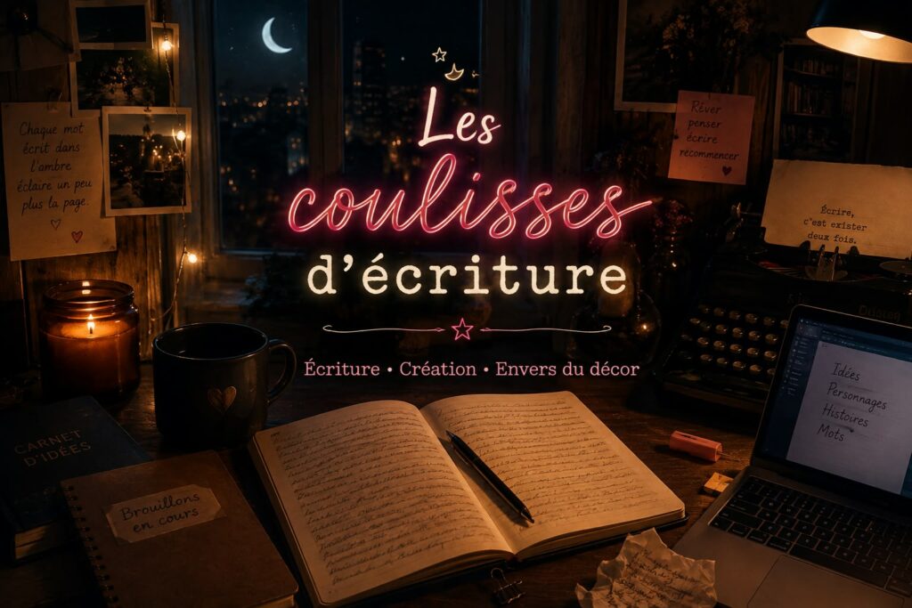 Les coulisses d’écriture : bureau d’actrice de nuit avec carnet ouvert, stylo, ordinateur portable, et lumière de lune. 