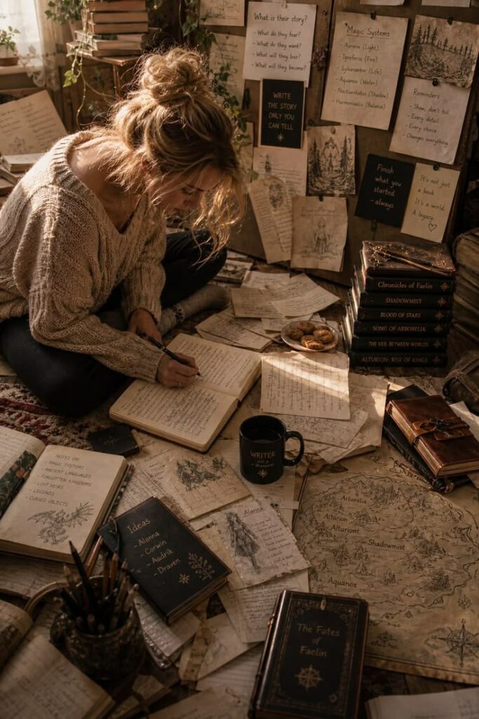 Écrivaine plongée dans ses carnets d’autrice, entourée d’une pile de notes et de feuilles.