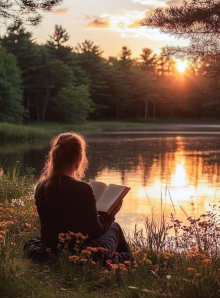 Femme de dos lisant un livre au bord d’un lac illustrant la partie Dans ma bibliothèque de la page À propos d’Emilie Barbe.