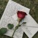 Image illustrant le jeu des lecteurs #4 - Lettre à... Lettre d’amour posée sur de l’herbe et recouvert d’une rose rouge.