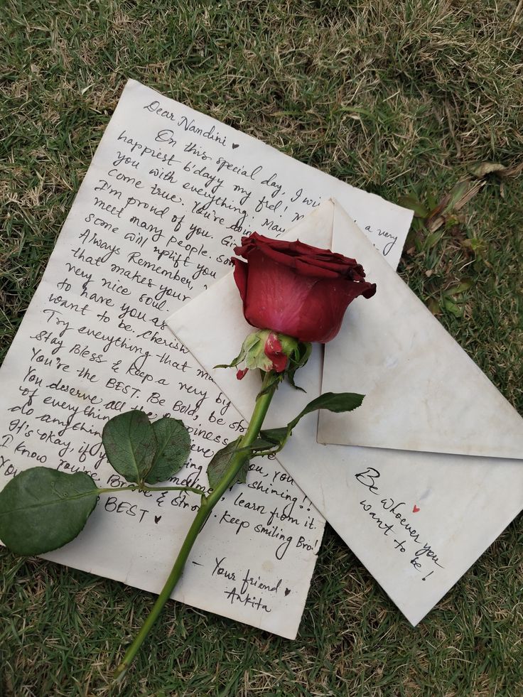 Image illustrant le jeu des lecteurs #4 - Lettre à... Lettre d’amour posée sur de l’herbe et recouvert d’une rose rouge.